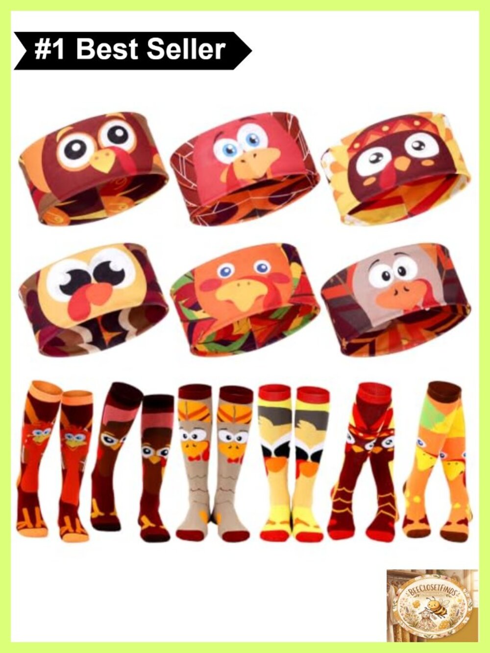 12 Pc Turkey Trot Set Knee High Socks Stretch Headbands Thanksgiving Gift
